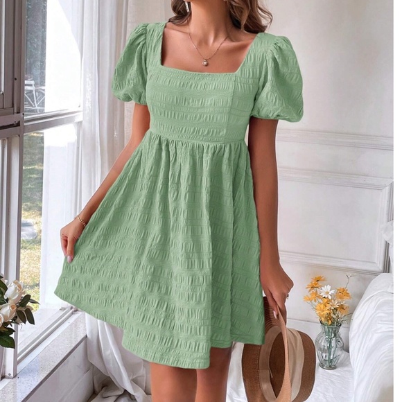 Blue Puff Sleeve Mini Dress - Picture 2 of 7